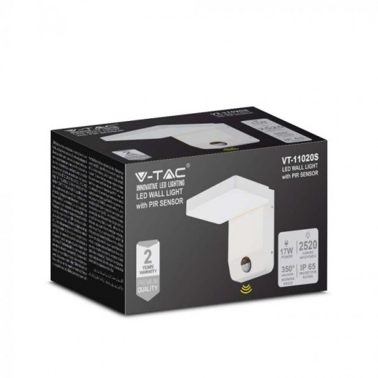 Aplica LED de perete 17W cu senzor PIR patrata aluminiu corp alb IP65