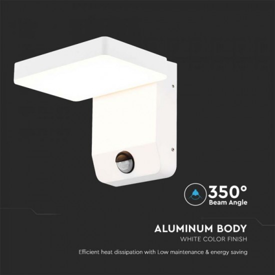 Aplica LED de perete 17W cu senzor PIR patrata aluminiu corp alb IP65