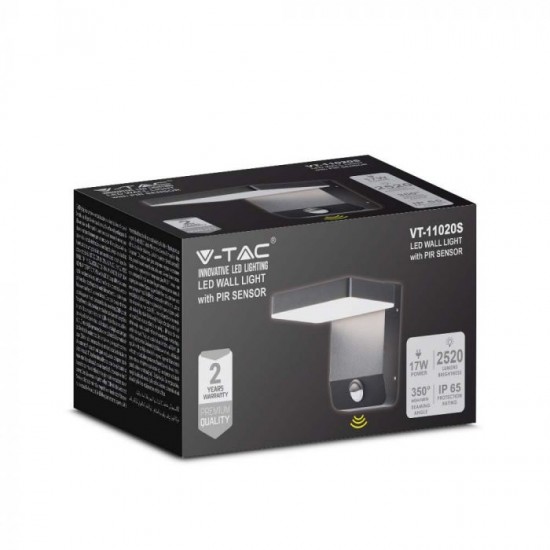Aplica LED de perete 17W cu senzor PIR patrata aluminiu corp negru IP65