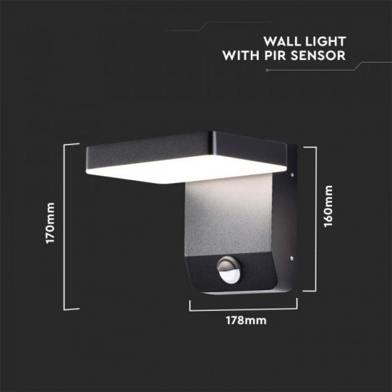 Aplica LED de perete 17W cu senzor PIR patrata aluminiu corp negru IP65