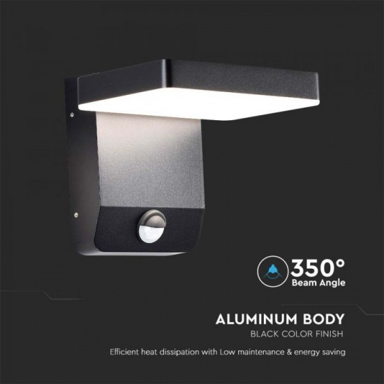 Aplica LED de perete 17W cu senzor PIR patrata aluminiu corp negru IP65