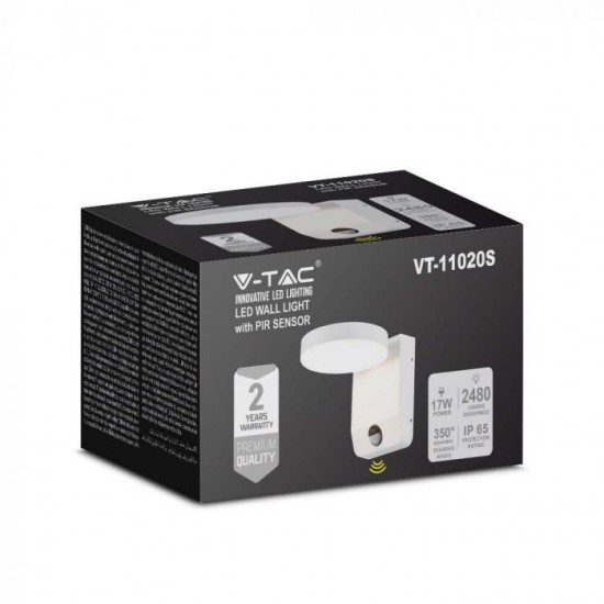 Aplica LED de perete 17W cu senzor PIR rotunda aluminiu corp alb IP65