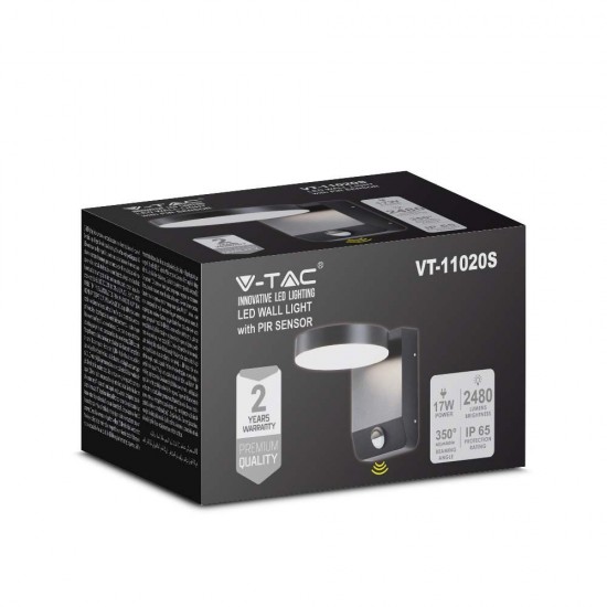 Aplica LED de perete 17W cu senzor PIR rotunda aluminiu corp negru IP65