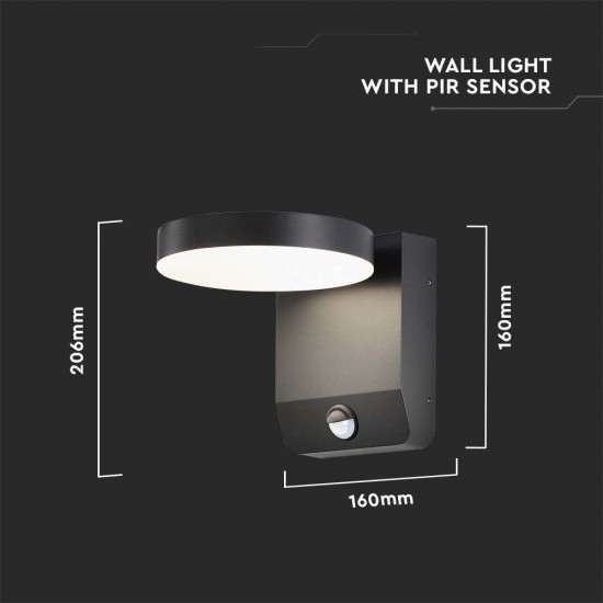 Aplica LED de perete 17W cu senzor PIR rotunda aluminiu corp negru IP65