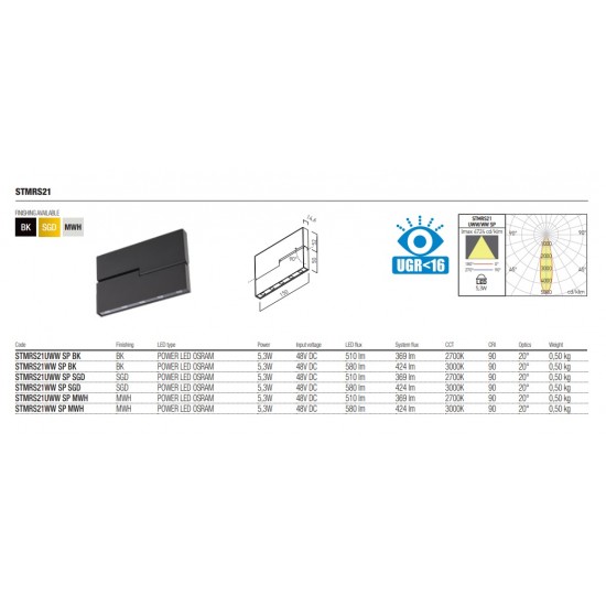Proiector LED magnetic liniar orientabil XTRIM STMRS21 5.3W 48V DC 150mm 20 grade negru mat CRI90 UGR<16 lumina calda IP40