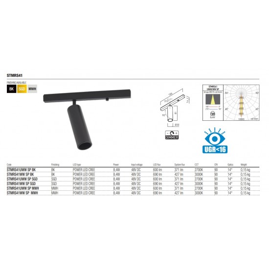 Mini proiector LED magnetic orientabil dimabil XTRIM STMRS41 8.4W 48V DC 30mm 14 grade alb mat CRI90 UGR<16 lumina calda IP40