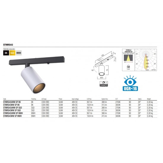 Mini proiector LED magnetic orientabil dimabil XTRIM STMRS43 9.6W 48V DC 45mm 28 grade alb mat CRI90 UGR<16 lumina calda IP40