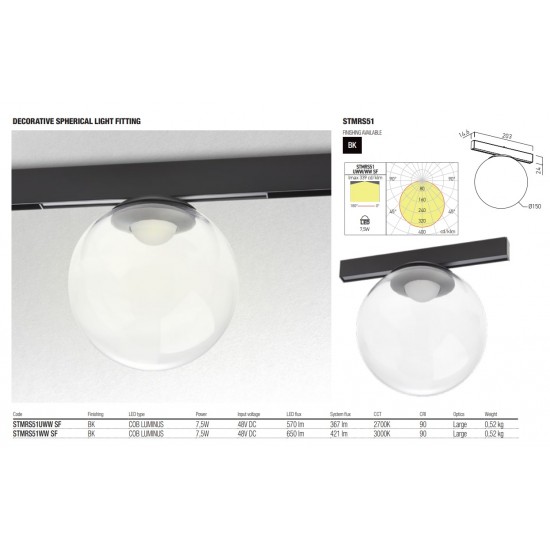 Corp de iluminat LED magnetic sferic XTRIM STMRS51 7.5W 48V DC 150mm lumina calda IP40