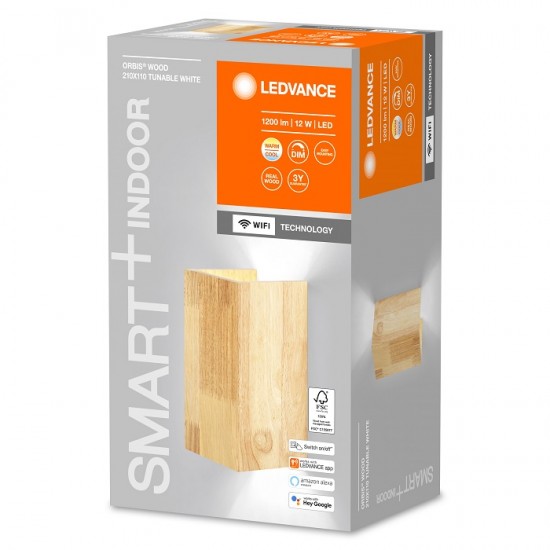 Aplica LED decorativa inteligenta 12W Ledvance Smart+ WiFi ORBIS WOOD 210mm dimabila TW compatibil Amazon Alexa si Google Assistant IP20