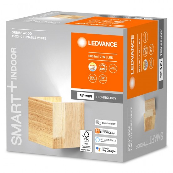 Aplica LED decorativa inteligenta 7W Ledvance Smart+ WiFi ORBIS WOOD 110mm dimabila TW compatibil Amazon Alexa si Google Assistant IP20