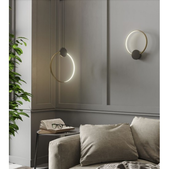 Pendul LED 11W cerc ATOM 400mm metal negru mat abajur alama antica lumina calda IP20