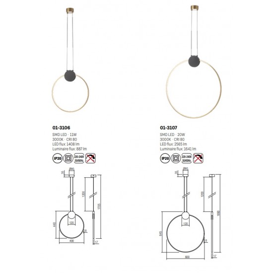Pendul LED 11W cerc ATOM 400mm metal negru mat abajur alama antica lumina calda IP20