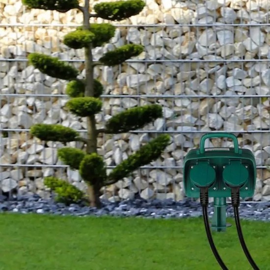 Prelungitor gradina 2 intrari cu tarus si temporizator mecanic cablu 3G IP44 verde
