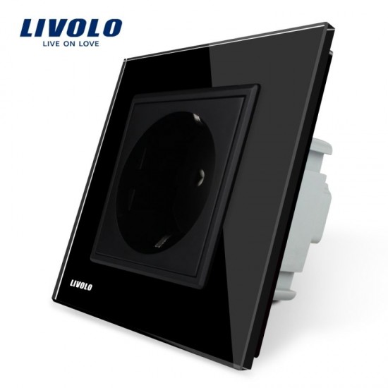 Priza Schucko simpla Livolo cu rama din sticla neagra