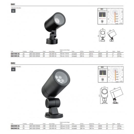 Proiector LED arhitectural XBEAM 24W corp aluminiu gri inchis orientabil unghi 5 grade IP66