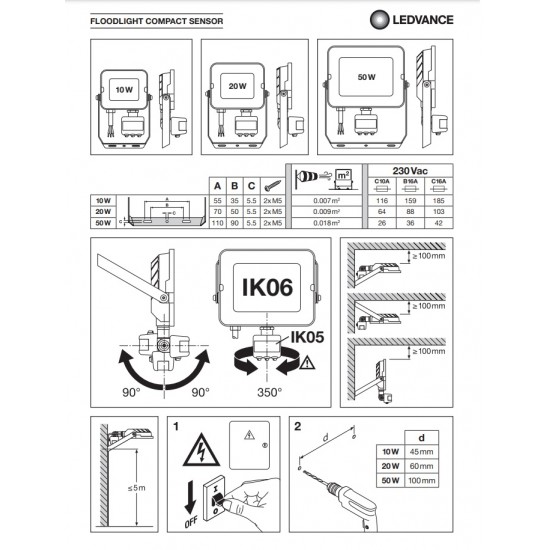 Proiector LED cu senzor 10W LEDVANCE COMPACT Corp Negru IP65