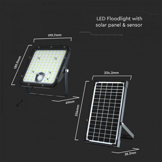 Proiector LED 30W corp negru cu senzor PIR si panou solar baterie LiFePO4 6.4V 6000mA inlocuibila si control inteligent cu telecomanda IP65