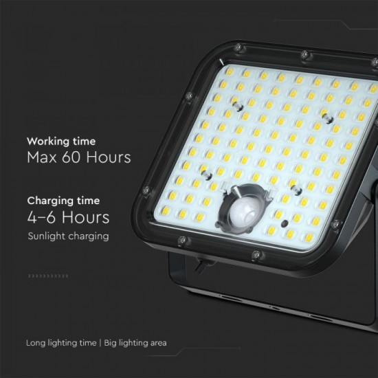 Proiector LED 30W corp negru cu senzor PIR si panou solar baterie LiFePO4 6.4V 6000mA inlocuibila si control inteligent cu telecomanda IP65