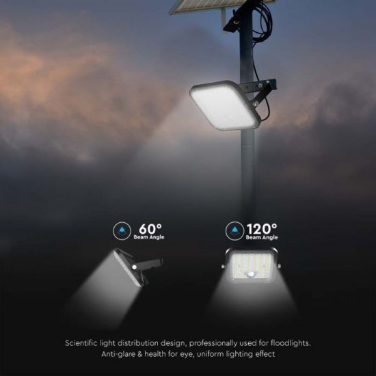 Proiector LED 10W corp negru cu senzor PIR si panou solar baterie LiFePO4 3.7V 3600mA inlocuibila si control inteligent cu telecomanda IP65