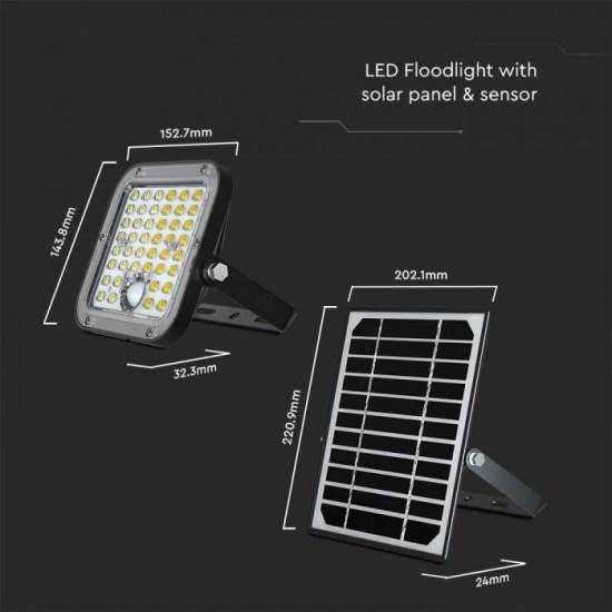 Proiector LED 10W corp negru cu senzor PIR si panou solar baterie LiFePO4 3.7V 3600mA inlocuibila si control inteligent cu telecomanda IP65