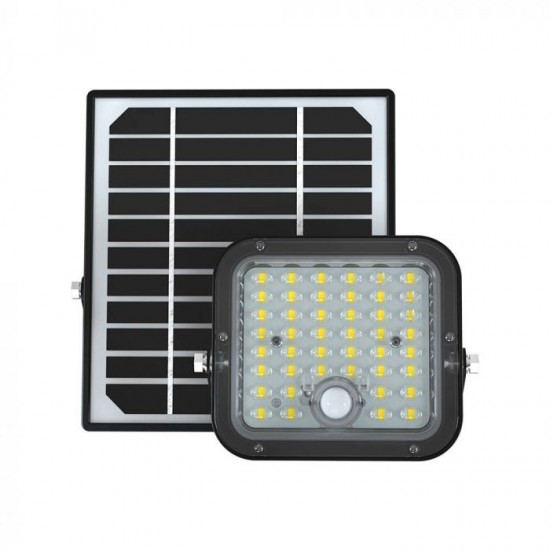 Proiector LED 10W corp negru cu senzor PIR si panou solar baterie LiFePO4 3.7V 3600mA inlocuibila si control inteligent cu telecomanda IP65