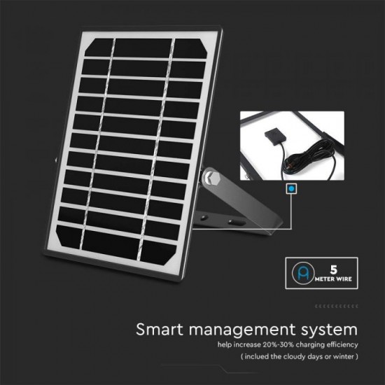 Proiector LED 10W corp negru cu senzor PIR si panou solar baterie LiFePO4 3.7V 3600mA inlocuibila si control inteligent cu telecomanda IP65