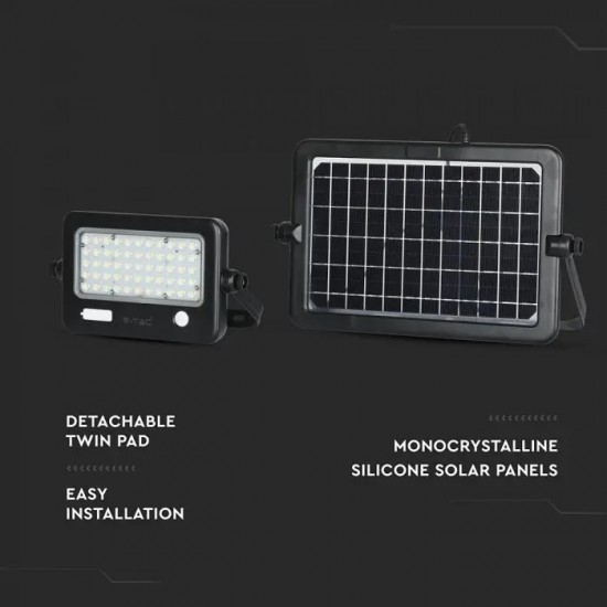 Proiector LED 10W cu senzor PIR panou solar si port USB corp negru lumina neutra IP65