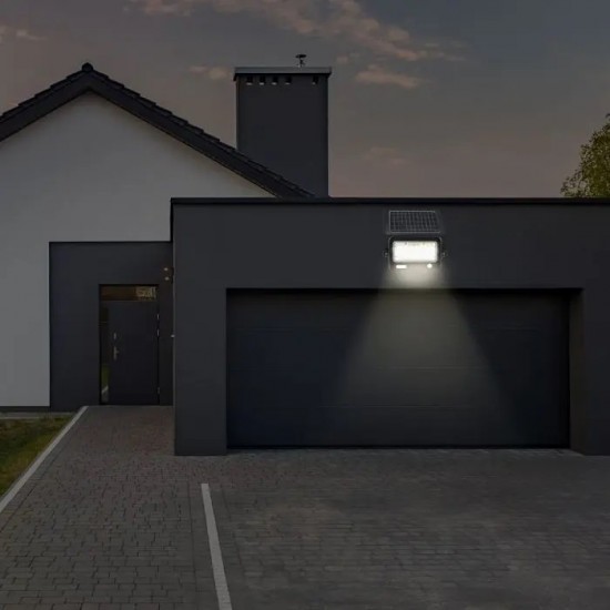 Proiector LED 10W cu senzor PIR panou solar si port USB corp negru lumina neutra IP65