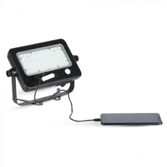 Proiector LED 10W cu senzor PIR panou solar si port USB corp negru lumina neutra IP65