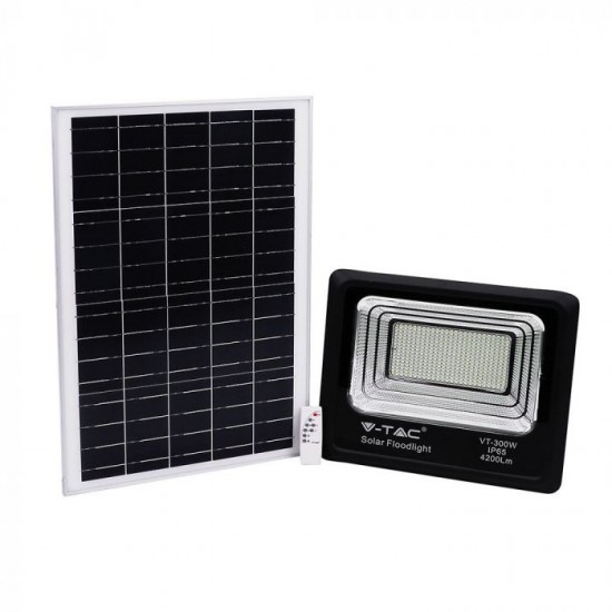 Proiector LED negru 50W Alb Neutru cu panou solar si telecomanda cu functii multiple