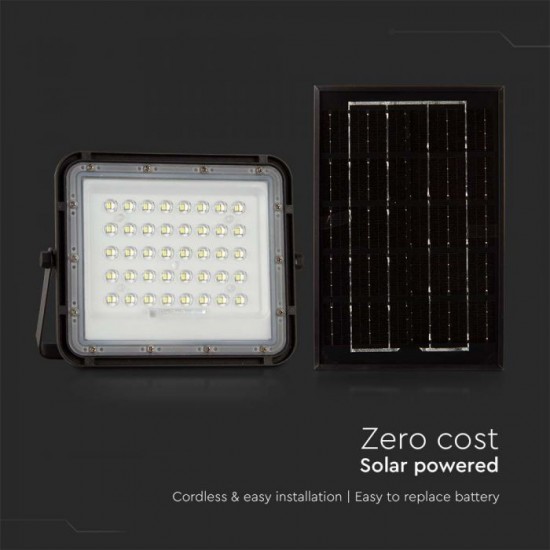Proiector LED 10W corp negru cu panou solar 80W baterie fast charge inlocuibila si control inteligent cu telecomanda IP65