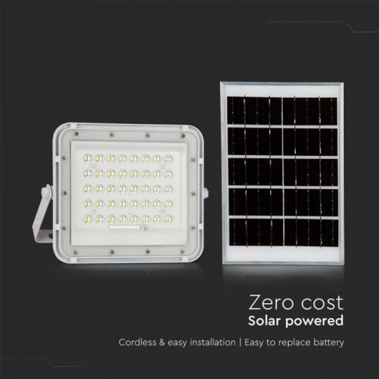 Proiector LED 10W corp alb cu panou solar 80W baterie fast charge inlocuibila si control inteligent cu telecomanda IP65