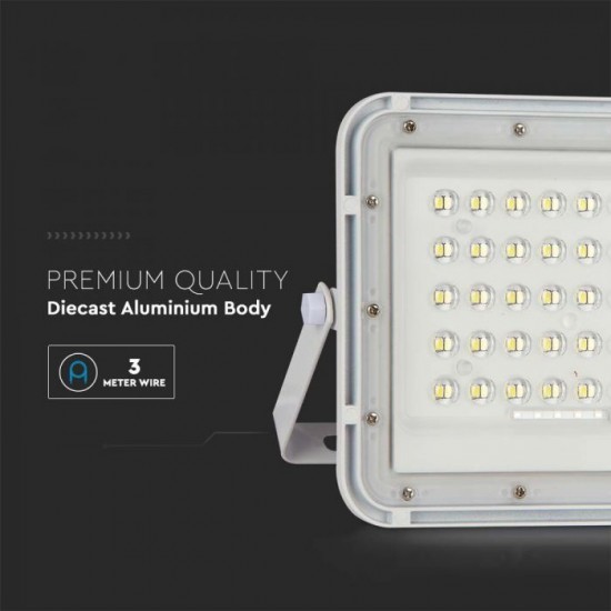 Proiector LED 10W corp alb cu panou solar 80W baterie fast charge inlocuibila si control inteligent cu telecomanda IP65