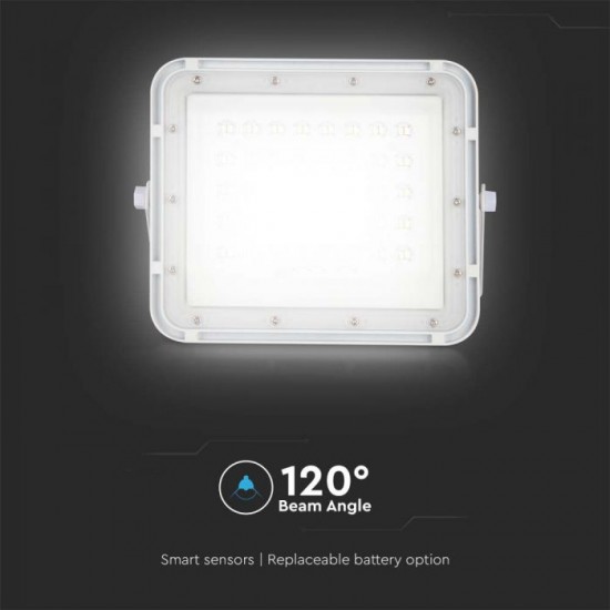 Proiector LED 10W corp alb cu panou solar 80W baterie fast charge inlocuibila si control inteligent cu telecomanda IP65