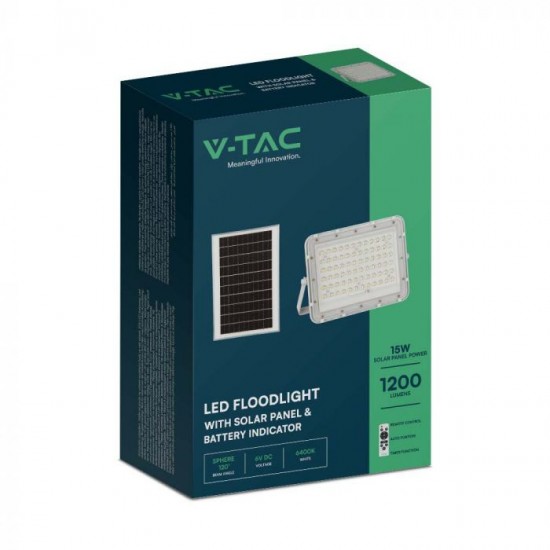 Proiector LED 15W corp alb cu panou solar 120W baterie fast charge inlocuibila si control inteligent cu telecomanda IP65