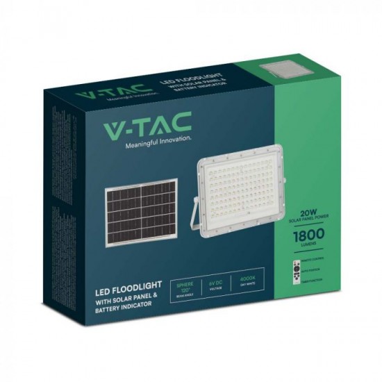 Proiector LED 20W corp alb cu panou solar 180W baterie fast charge inlocuibila si control inteligent cu telecomanda IP65