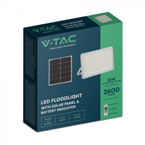 Proiector LED 30W corp alb cu panou solar 240W baterie fast charge inlocuibila si control inteligent cu telecomanda IP65
