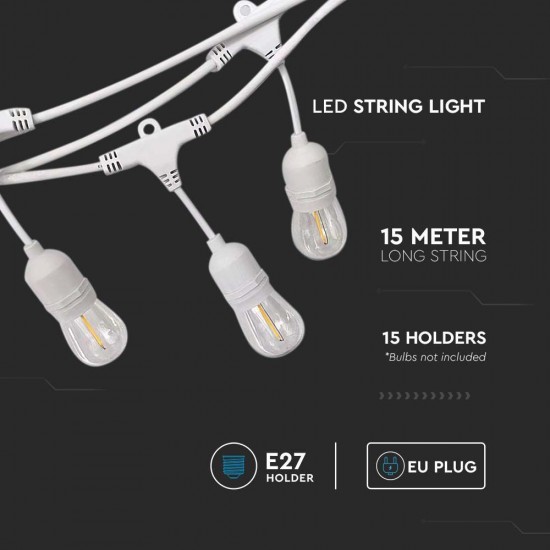 Ghirlanda luminoasa 15m cu 15 socluri suspendate E27 cablu alb IP65