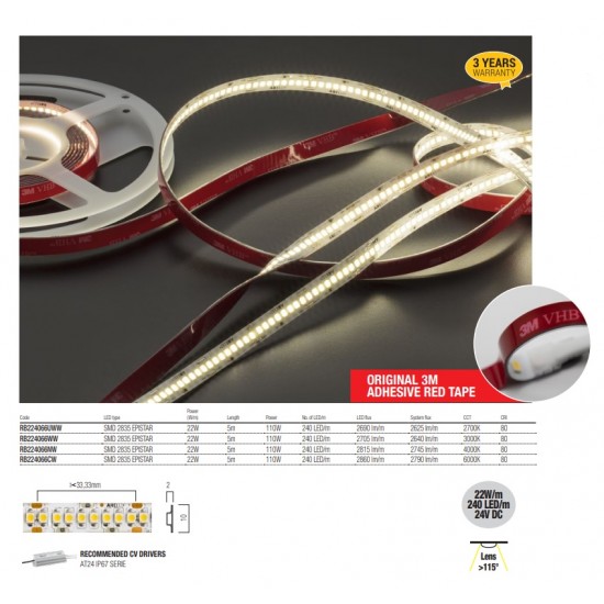 Banda LED de exterior XRIBO 22W/m 240 LED-uri 24Vdc lumina neutra IP66 rola 5ml