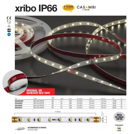 Banda LED de exterior XRIBO 6W/m 64 LED-uri 24Vdc lumina neutra IP66 rola 5ml