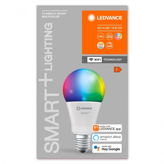 Bec LED inteligent 14W Ledvance Smart+ WiFi Classic 100 E27 RGBW dimabil compatibil Amazon Alexa si Google Assistant IP20