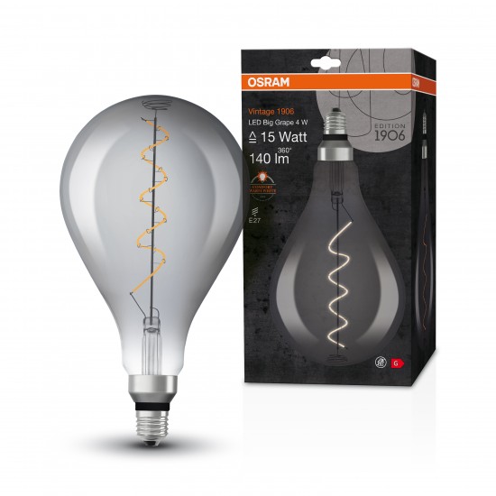 Bec LED filament sticla 4W OSRAM Vintage 1906 Big Grape Fumuriu E27 lumina calda 1800K