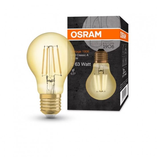 Bec LED filament sticla amber 7.5W Class A 63 OSRAM Vintage 1906 E27 2400K