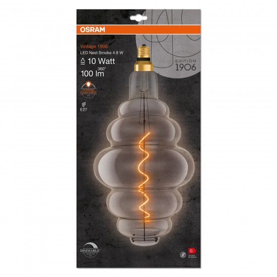 Bec LED Filament Fumuriu 4.8W OSRAM Vintage 1906 Nest E27 Dimabil 1800K
