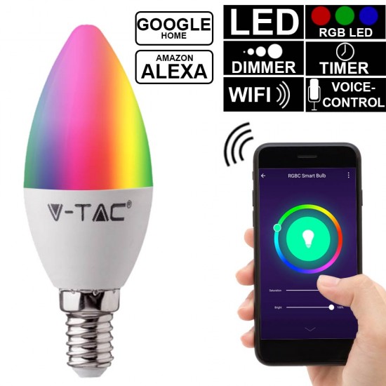 Bec LED lumanare smart 4.5W E14 compatibil cu Google Home si Amazon Alexa RGB-WW-CW