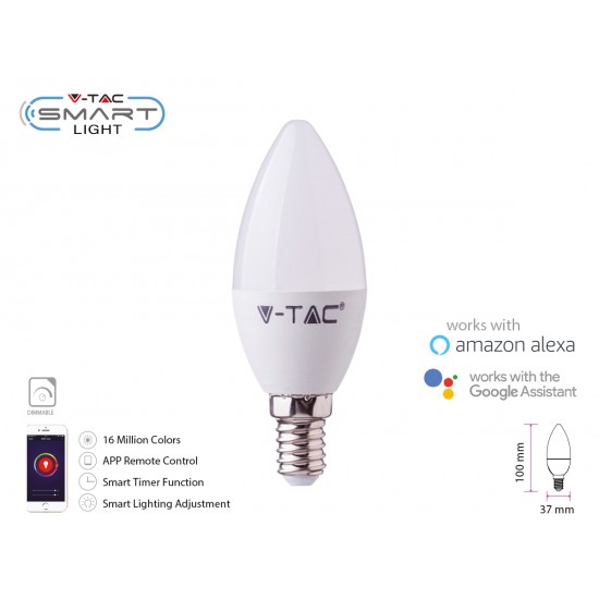 Bec LED lumanare smart 4.5W E14 compatibil cu Google Home si Amazon Alexa RGB-WW-CW