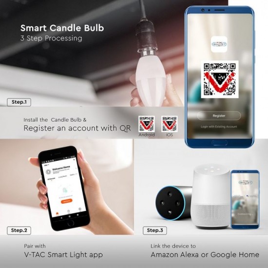 Bec LED lumanare smart 4.5W E14 compatibil cu Google Home si Amazon Alexa RGB-WW-CW