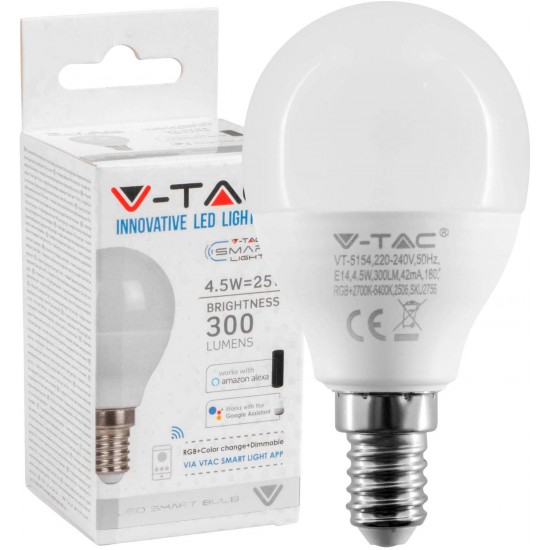 Bec LED smart 4.5W E14 P45 compatibil cu Google Home si Amazon Alexa RGB-WW-CW