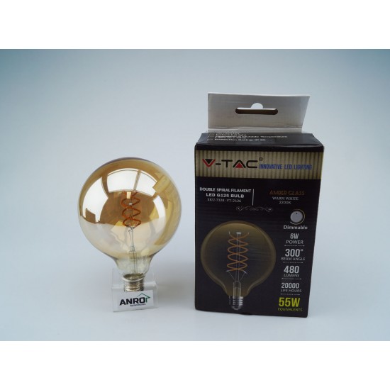Bec LED Filament dublu spirala 6W E27 G125 Chihlimbar Alb Cald