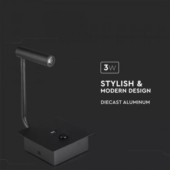 Veioza LED 3W pentru hotel cu intrerupator si port USB